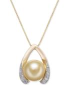 Cultured Golden South Sea Pearl (10mm) & Diamond (1/8 Ct. T.w.) Wishbone 18 Pendant Necklace In 14k Gold