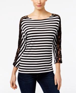 Inc International Concepts Striped Crocheted-sleeve Top, Only At Macy's