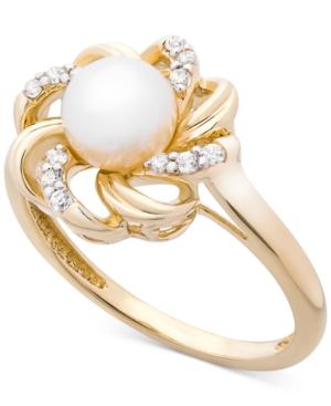 Cultured Freshwater Pearl (6mm) & Diamond (1/10 Ct. T.w.) Flower Statement Ring In 14k Gold
