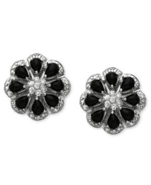 Sterling Silver Earrings, Onyx And Diamond Accent Flower