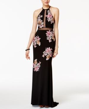 Xscape Embroidered Open-back Illusion Halter Gown