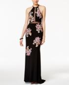 Xscape Embroidered Open-back Illusion Halter Gown