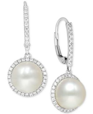 Cultured Freshwater Pearl (9mm) And Diamond (1/2 Ct. T.w.) Halo Drop Earrings In 14k White Gold