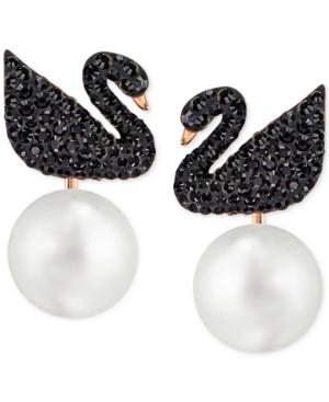 Swarovski Rose Gold-tone Crystal Pave Black Swan And Imitation Pearl Drop Earrings