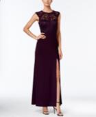 Nightway Banded Lace Cap-sleeve Slit Gown