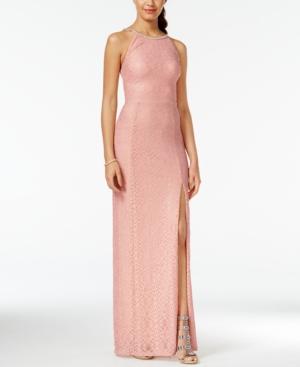 Speechless Juniors' Embellished Lace Column Gown With Side Slit