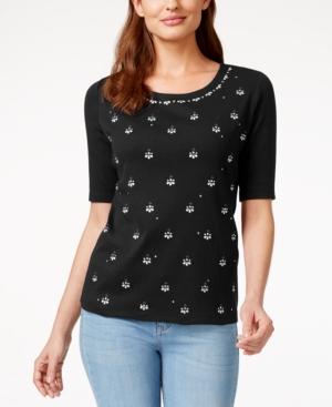 Karen Scott Elbow-sleeve Embellished Top, Only At Macy's