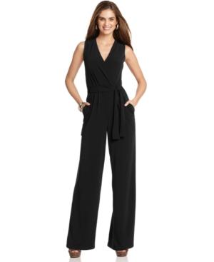 Ny Collection Petite Jumpsuit, Sleeveless Surplice Wrap Belted Wide Leg Jersey