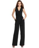 Ny Collection Petite Jumpsuit, Sleeveless Surplice Wrap Belted Wide Leg Jersey