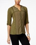 Ny Collection Mixed-media Smocked Henley Top