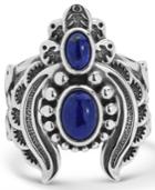 American West Double Lapis Ring With Feather Scroll Work In Sterling Silver