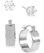 Touch Of Silver Crystal Stud And Hoop Earring Set In Silver-plated Metal