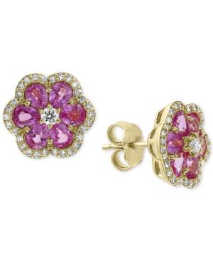 Effy Pink Sapphire (2-7/8 Ct. T.w.) & Diamond (1/3 Ct. T.w.) Flower Stud Earrings In 14k Gold