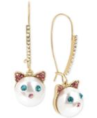 Betsey Johnson Gold-tone Pave & Imitation Pearl Cat Face Drop Earrings