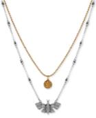 Lucky Brand Two-tone Butterfly And Crystal Disc Layer Pendant Necklace