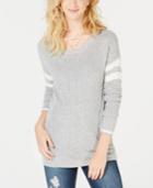Hippie Rose Juniors' Scoop-neck Varsity-stripe Sweater