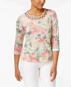 Alfred Dunner Petite Floral-print Lattice Top