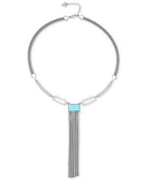 Guess Silver-tone Blue Mirrored And Clear Stone Fringe Lariat Necklace