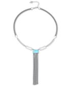 Guess Silver-tone Blue Mirrored And Clear Stone Fringe Lariat Necklace