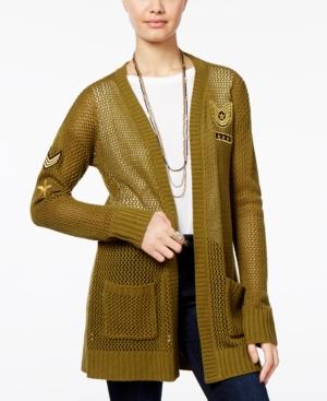 Ohmg! Juniors' Open-knit Patch Cardigan