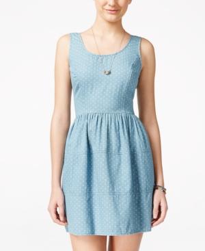 As U Wish Juniors' Chambray Polka-dot-print Fit-and-flare Dress