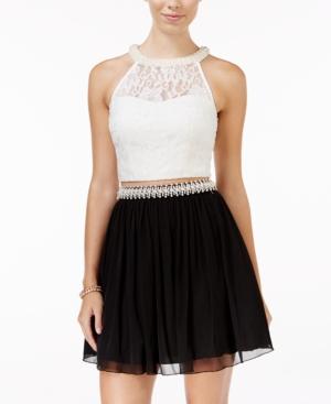 Speechless Juniors' Embellished Lace Crop Top & Chiffon Skirt Set
