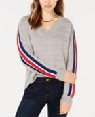 Ultra Flirt Juniors' Varsity-stripe V-neck Sweater