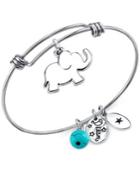 Unwritten Elephant Charm And Manufactured Turquoise (8mm) Adjustable Bangle Bracelet In Stainless Steel