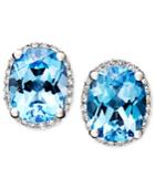 14k White Gold Earrings, Blue Topaz (4 Ct. T.w.) And Diamond (1/8 Ct. T.w.) Oval Studs