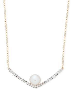 Cultured Freshwater Pearl (6mm) And Diamond (1/8 Ct. T.w.) Bar Pendant Necklace In 14k Gold