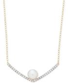 Cultured Freshwater Pearl (6mm) And Diamond (1/8 Ct. T.w.) Bar Pendant Necklace In 14k Gold