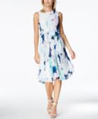 Calvin Klein Printed Pleated Chiffon Fit & Flare Dress