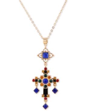 Guess Gold-tone Multicolor Crystal Cross Pendant Necklace, 30 + 2 Extender