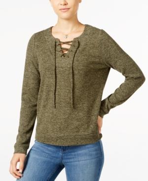 Hippie Rose Juniors' Lace-up Marled Sweater