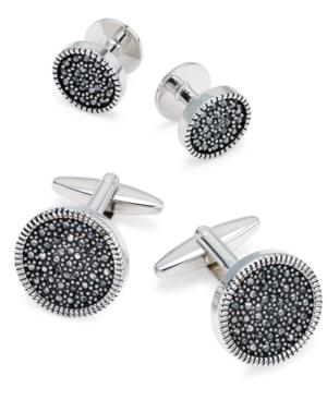 Sutton By Rhona Sutton Men's Silver-tone Jet Cubic Zirconia Cufflinks & Tuxedo Buttons