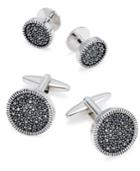 Sutton By Rhona Sutton Men's Silver-tone Jet Cubic Zirconia Cufflinks & Tuxedo Buttons
