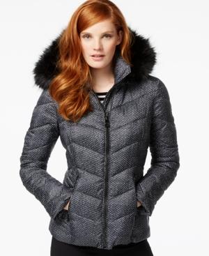 Guess Faux-fur-trim Geo-print Quilted Coat