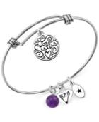 Unwritten Sisters Charm And Amethyst (8mm) Bangle Bracelet In Stainless Steel