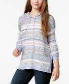 Ohmg! Juniors' Striped Mixed-knit Hoodie Sweater