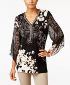 Jm Collection Petite Printed Embellished Blouse, Only At Macy's