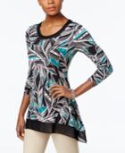 Jm Collection Mesh-trim Feather-print Top, Only At Macy's