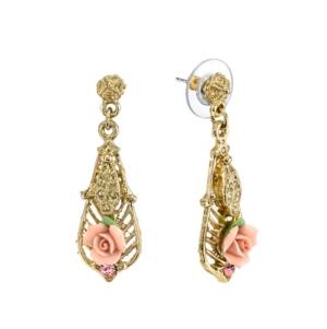 2028 Gold-tone Pink Porcelain Rose With Pink Accent Drop Earrings
