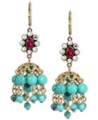 Betsey Johnson Gold-tone Faceted Stone Cluster And Blue Bead Chandelier Earrings