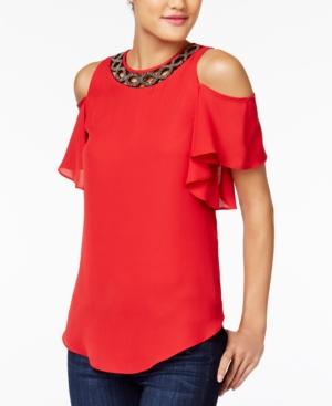 Bcx Juniors' Cold-shoulder Beaded Neck Top