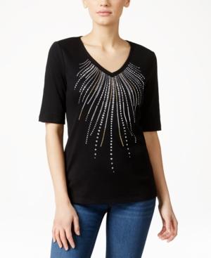 Karen Scott Petite Studded V-neck Top, Only At Macy's