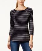 Charter Club Three-quarter-sleeve Striped Top, Only At Macy's