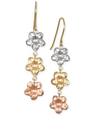 Tri-color Flower Drop Earrings In 10k Gold, White Gold & Rose Gold