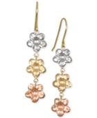 Tri-color Flower Drop Earrings In 10k Gold, White Gold & Rose Gold
