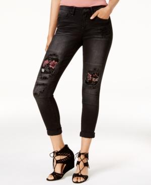 Vanilla Star Juniors' Embroidered Rip & Repair Skinny Jeans