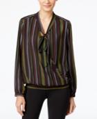 Ny Collection Striped Tie-neck Faux-wrap Top